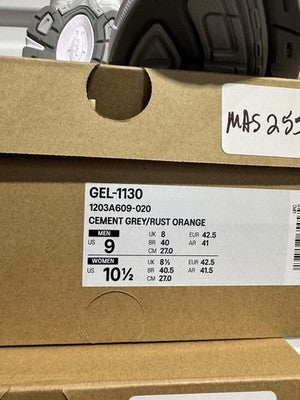 Men’s Size 9 Asics Gel 1130 Cement Grey Rust Orange, Brand New !