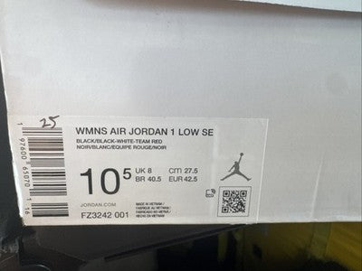 Size 10.5-Air Jordan 1 SE Low Velvet Black Toe W