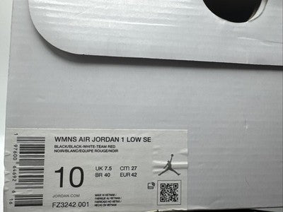Size 10-Air Jordan 1 SE Low Velvet Black Toe W