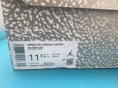 Nike Air Jordan 3 Retro White Silver Sneakers Women's Size 11.5 ( Men’s 10)