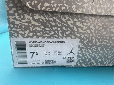 Nike Air Jordan 3 Retro White Silver Sneakers Women's Size 7.5