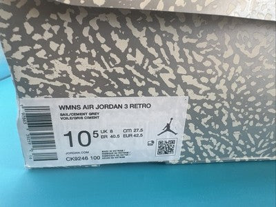 Nike Air Jordan 3 Retro White Silver Sneakers Women's Size 10.5 ( Mens 9)